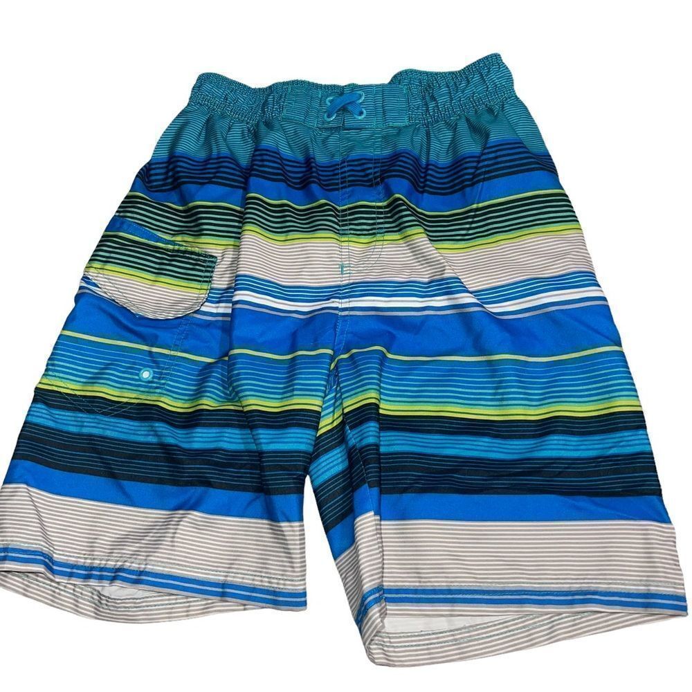 DT Revolution Boys Blue, White & Green Striped Swim Trunks - Size L (12/14)